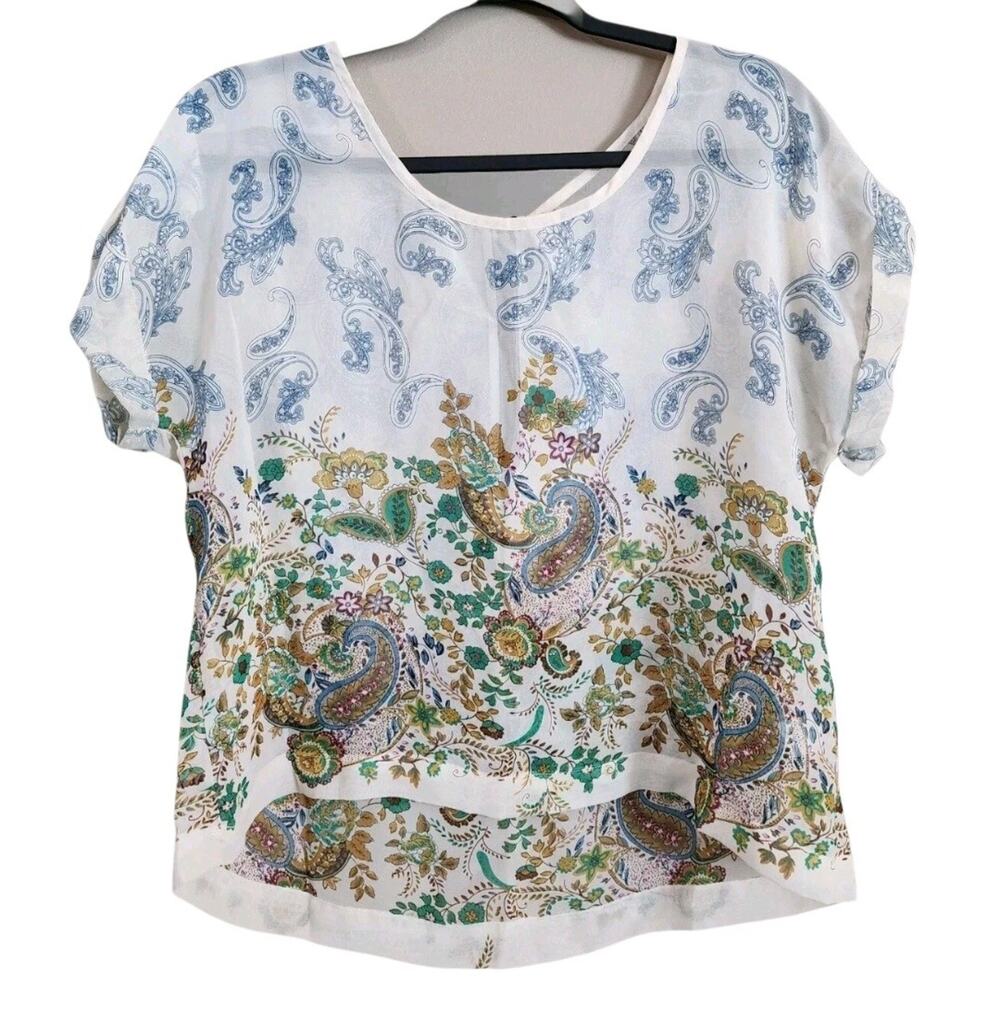 Xhilaration Womens Pullover Blouse Size M Paisley Sheer Chiffon Cuffed Zip Back